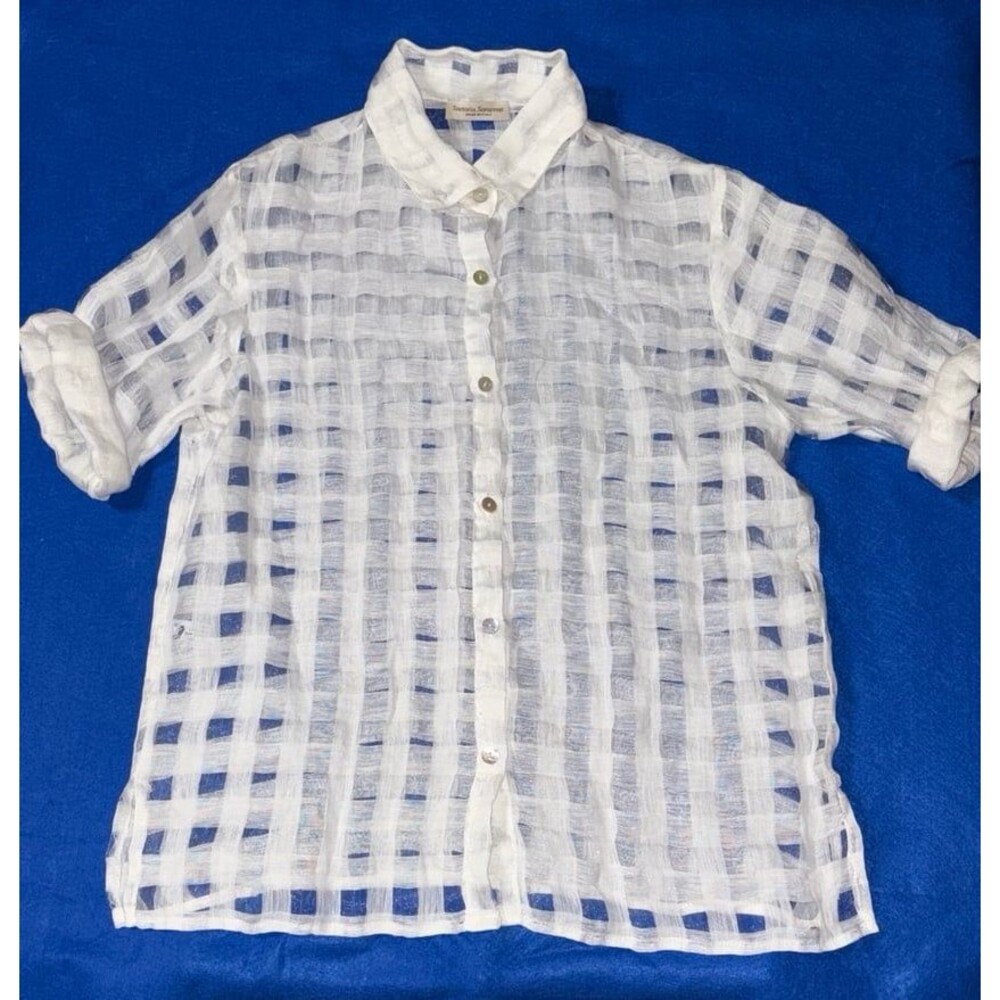 Sartoria Saracena Made in Italy Linen white Checkered Button-Down Shirt - Size S